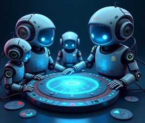 AI agent chatbots, chatbots' bodies,code and wires, with glowing blue eyes and subtle, pulsing lights on their surfaces.