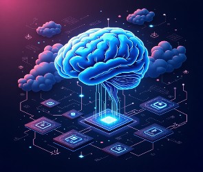 symbolizes Machine Learning, surrounded by binary code, circuit boards, and robotic limbs. Set against a purple-to-pink gradient background, neon-lit accents highlight intricate neuron-microchip connections,