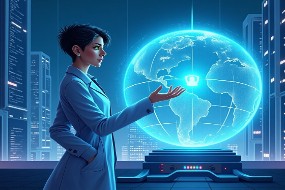 Futuristic AI agent analyzing cybersecurity threats on digital interface